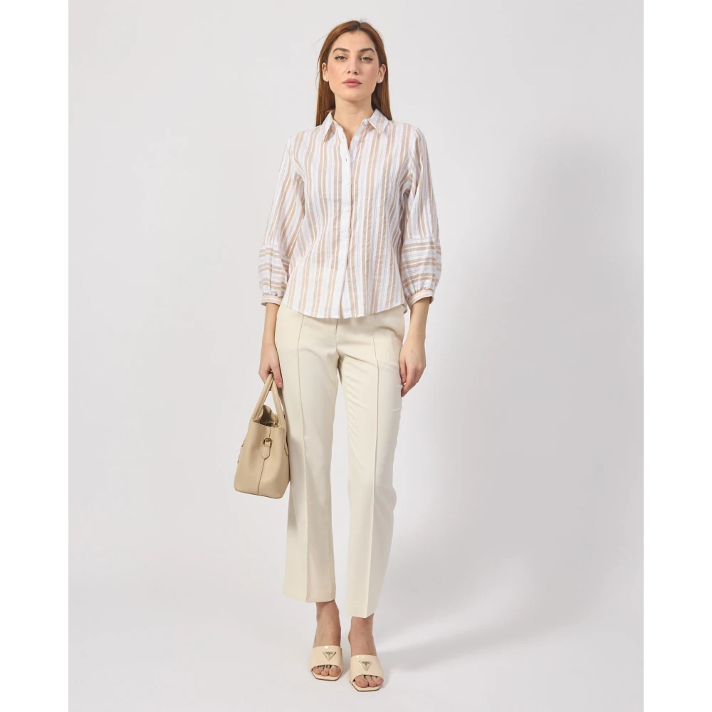 Silvian Heach Beige Gestreepte Shirt met Pofmouwen Beige Dames
