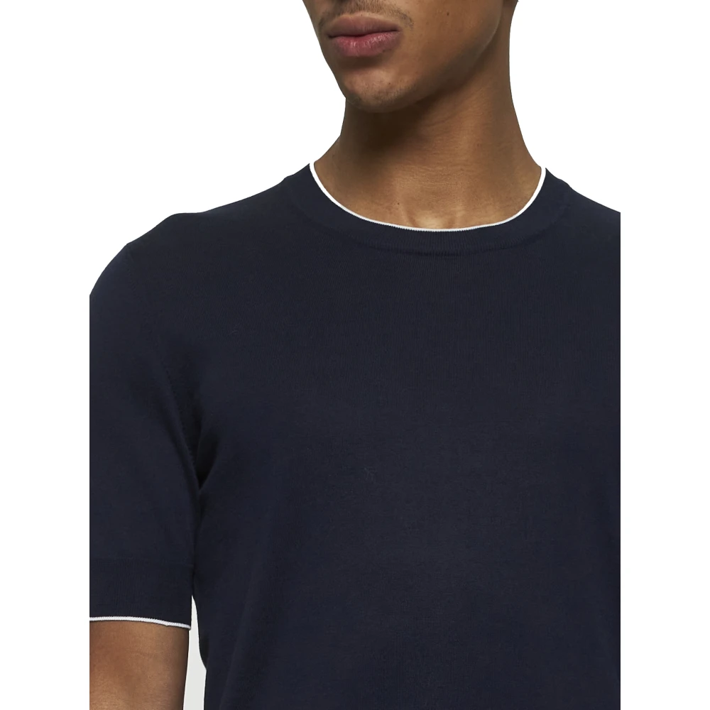 BRUNELLO CUCINELLI Blauwe Sweater met Ronde Hals en Korte Mouwen Blue Heren