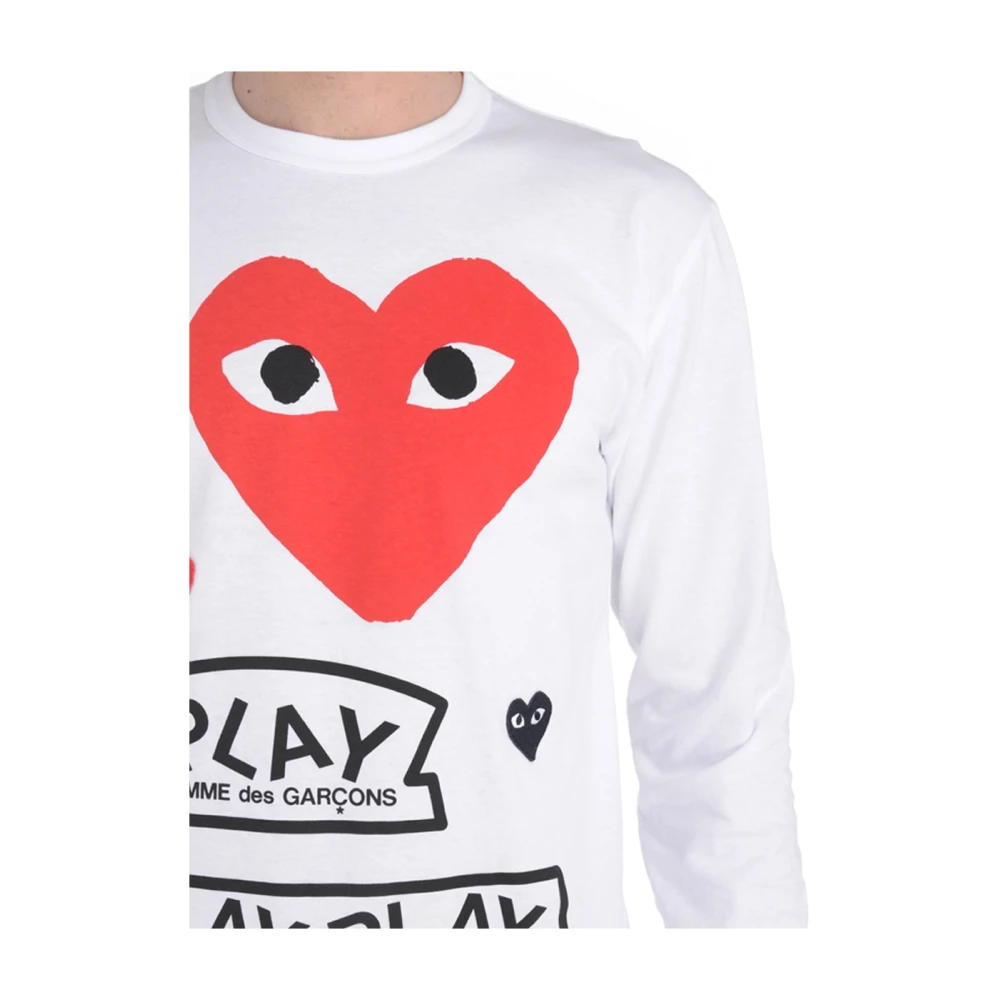 Comme des Garçons Play Lange mouw wit T-shirt met rood hart en multicolor logos White Heren