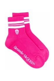 Lebendige Rosa Baumwollmischung Knöchelsocken mit Totenkopf-Print und Streifen-Details