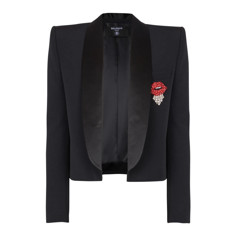 Balmain Geknipte graan de poudre jas met geborduurd embleem Black Heren