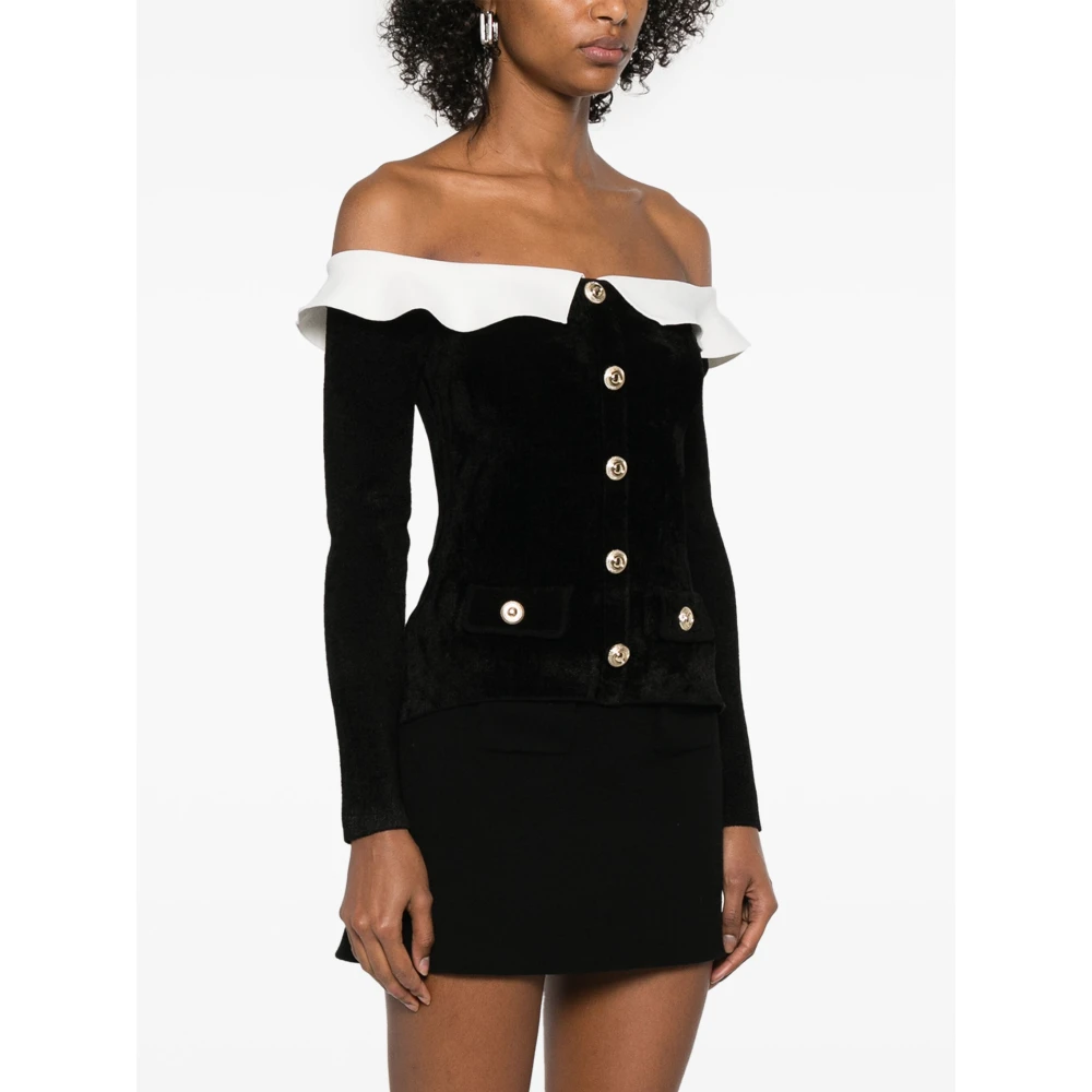 Self Portrait Zwarte top met lage hals en zakken Black Dames