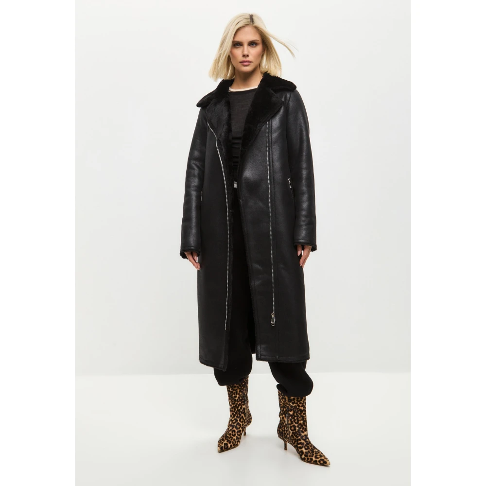 Cesare Gaspari Zwarte Faux Reversible Shearling Lange Jas Black Dames