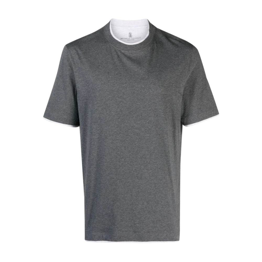 BRUNELLO CUCINELLI Grijze Katoenen T-shirt met Witte Rand Gray Heren