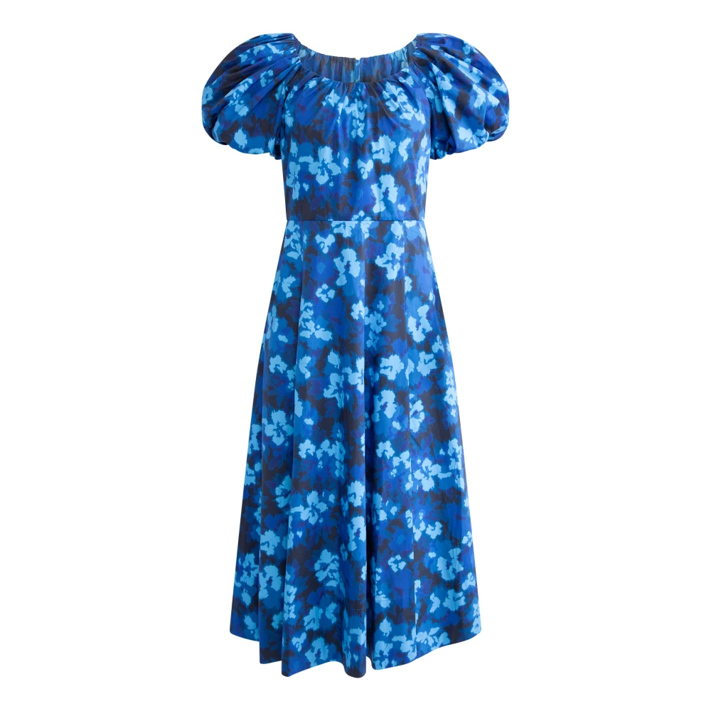 Blomster Poplin Midi Kjole - Azure