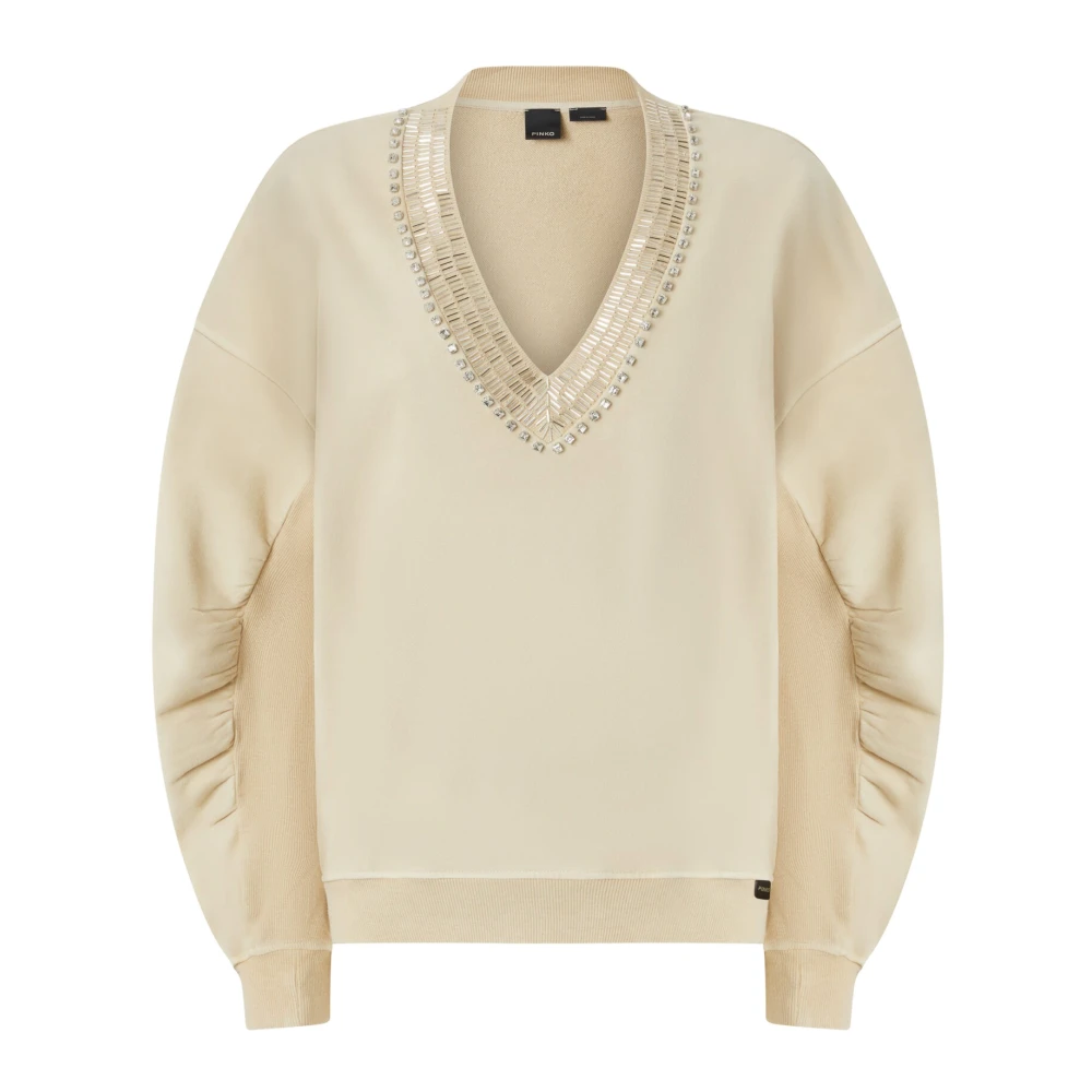 Pinko Geborduurde Oversized Sweater met Glanzende Halslijn Beige Dames