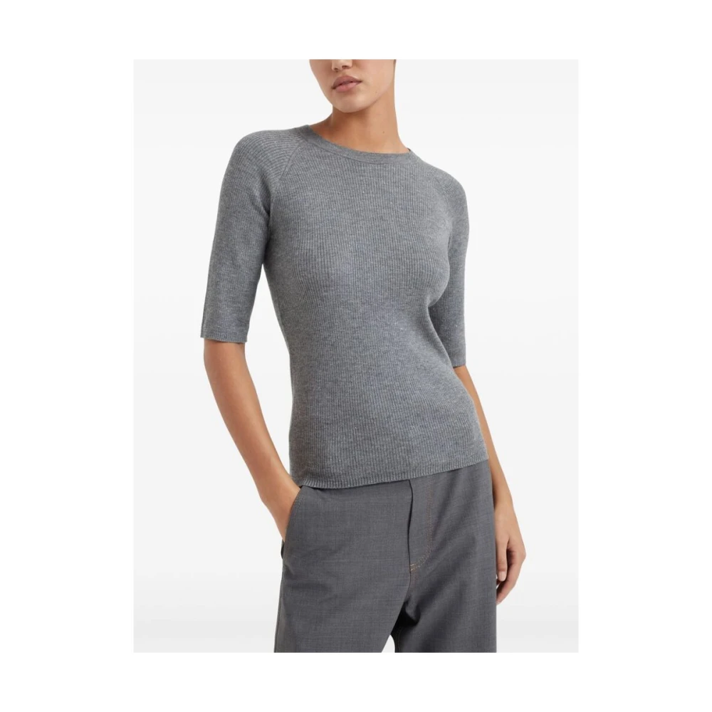 BRUNELLO CUCINELLI Grijze Geribbelde Trui Met Ronde Hals Gray Dames