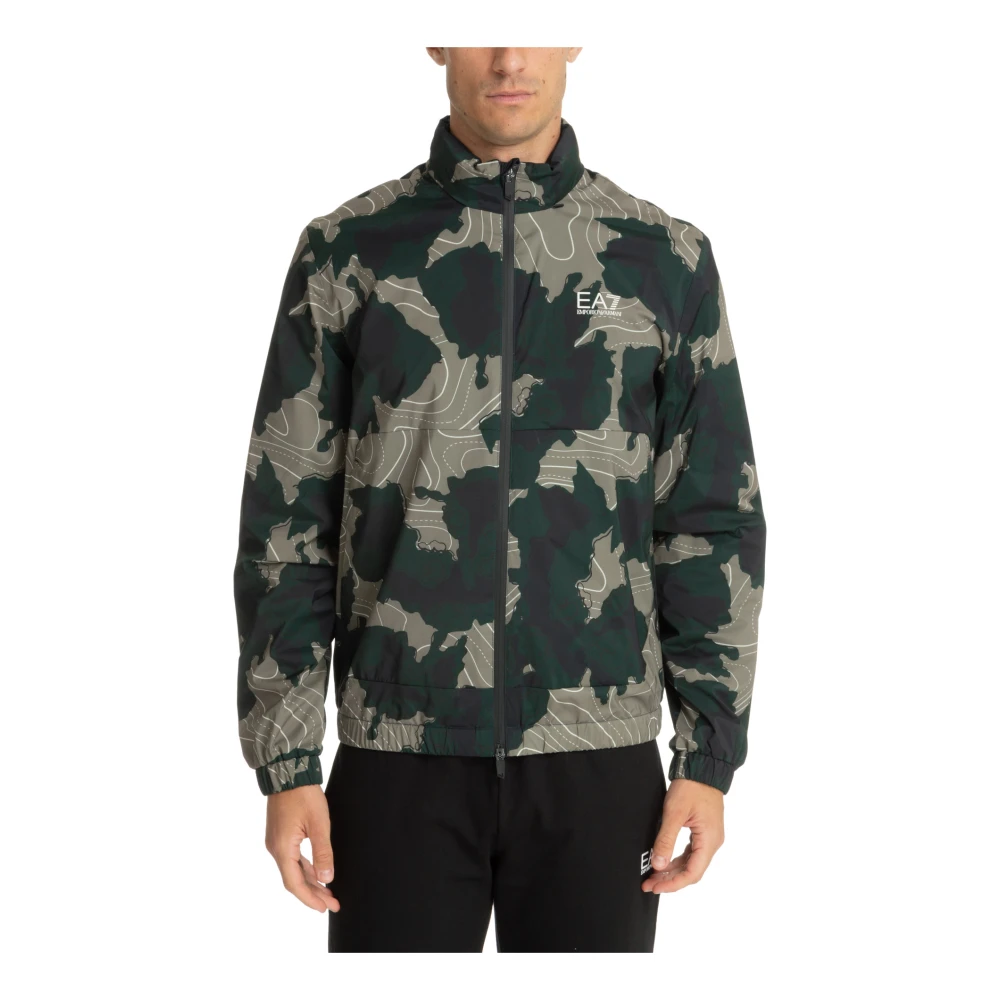 Emporio Armani EA7 Camouflage Dragkedja Jacka med Dold Huva Green, Herr