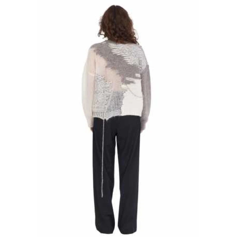 Isabel Benenato Gebreide trui met ronde hals en patchwork in Ecru Taupe Multicolor Dames