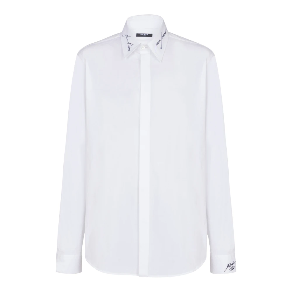 Balmain Popeline overhemd met geborduurde kraag White Heren