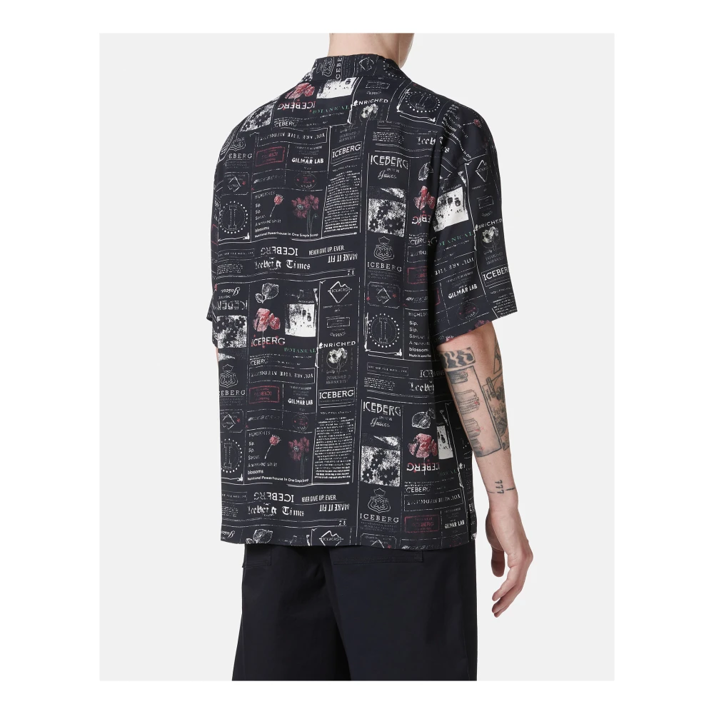 Iceberg Donkerblauw losvallend shirt met korte mouwen in bowlingstijl met allover logo Multicolor Heren