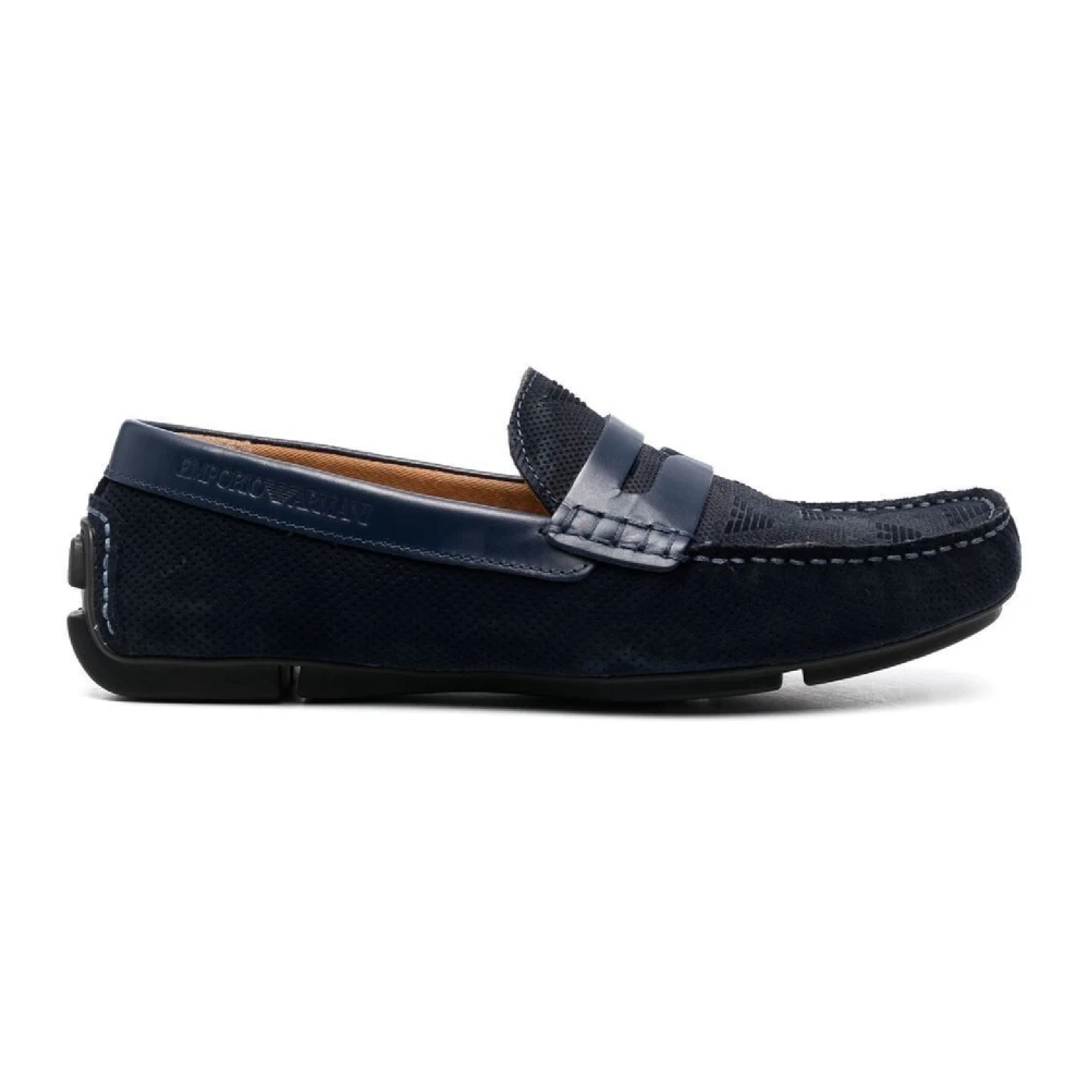 Emporio Armani Marineblauwe Suede Rij Mocassin met Adelaar Logo Blue Heren