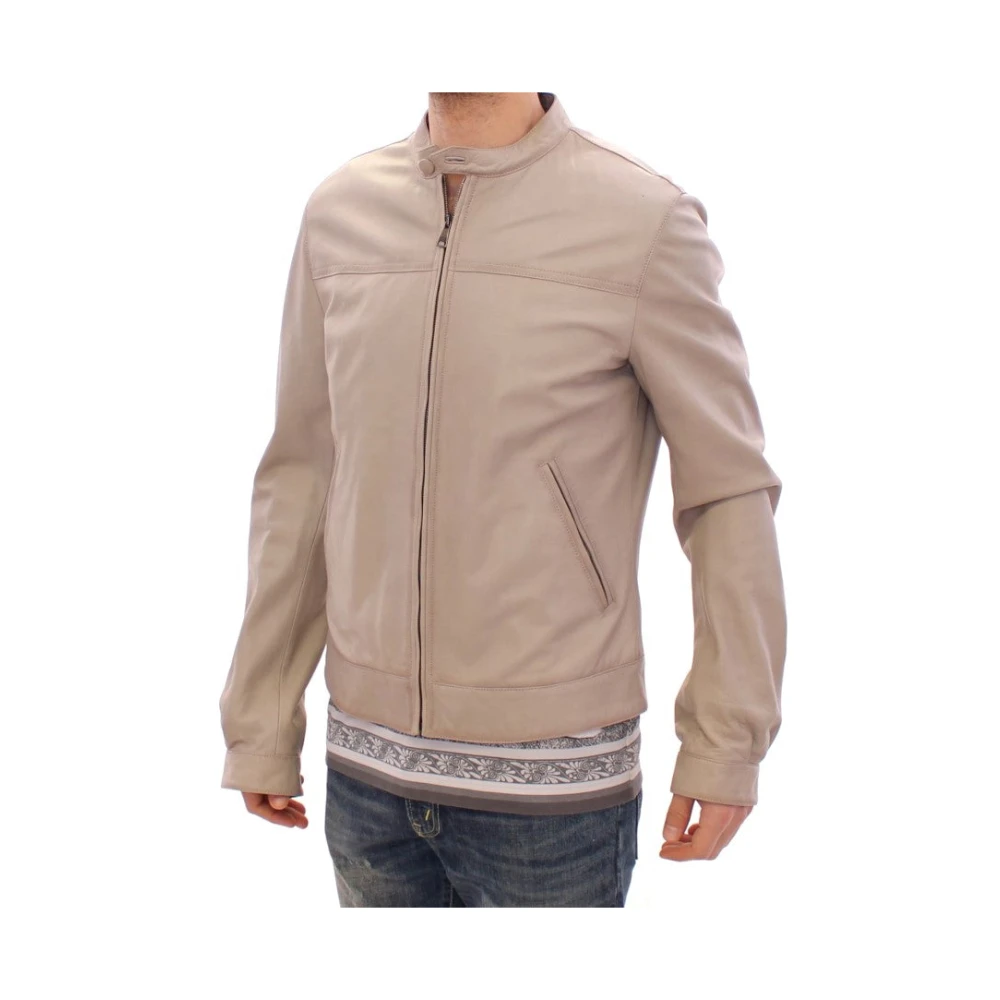 Dolce & Gabbana Elegante Beige Leren Lamsvacht Jas Beige Heren
