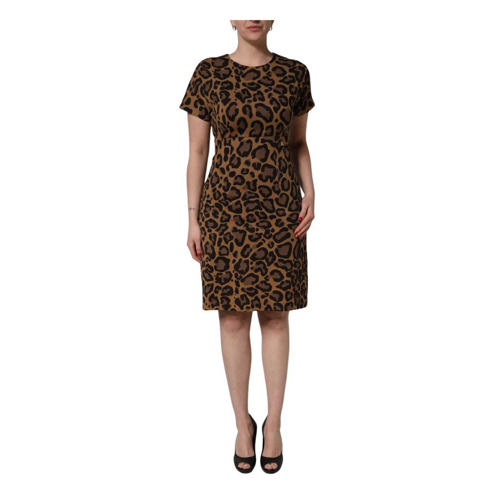 Dolce & Gabbana , Knitted Dresses, Female, Brown, M, Leopard Jacquard Knee Length Dress