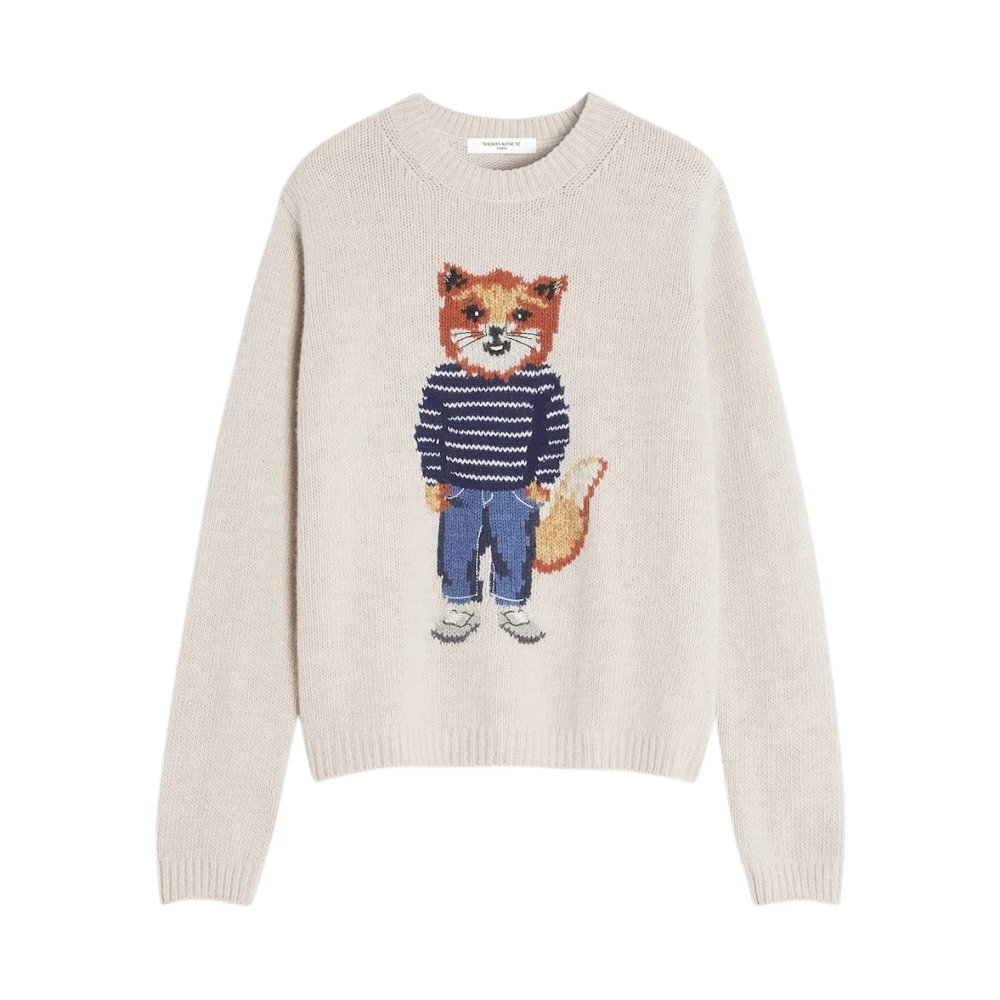 Maison Kitsuné Women's Beige Fox Intarsia Wool Dress Jersey - Round-Neck Knitwear - L - Knitwear