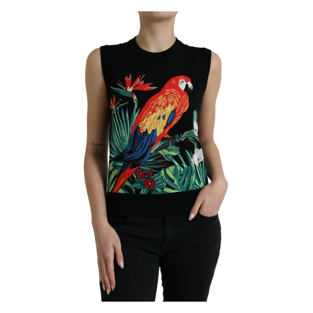Dolce & Gabbana Women's Multicolor Round-Neck Knitwear, M, Elegant Jungle Print Crew Neck Tank Top