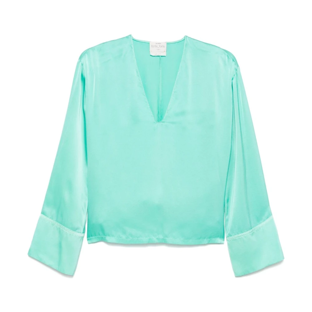 Forte Blauw-Groene V-Hals Top met Wijde Mouwen Green Dames