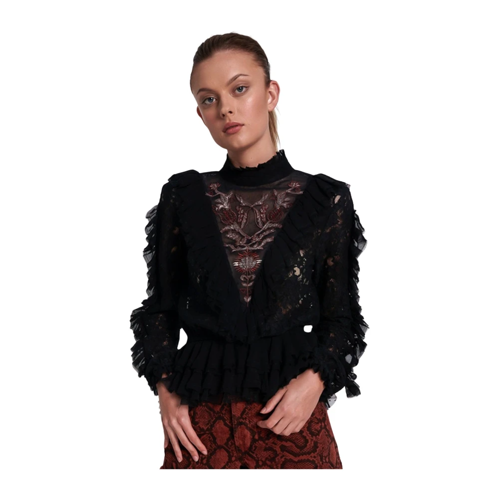 One Teaspoon Zwarte kanten blouse met ruches Black Dames