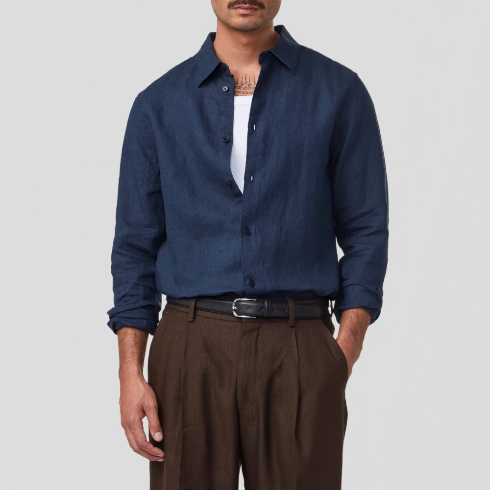 Nn07 Premium Linnen Navy Blue Overhemd Blue Heren