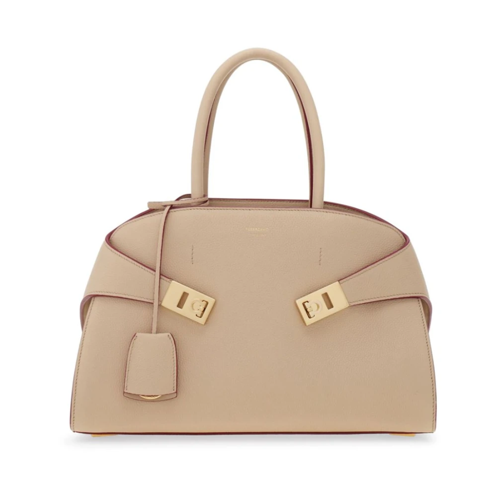 Salvatore Ferragamo Beige Gehamerd Leren Handtas met Gouden Hardware Beige Dames
