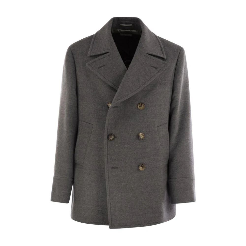Brunello Cucinelli Men's Gray Double-Breasted Coats, M, Double-Breasted Wool Coat