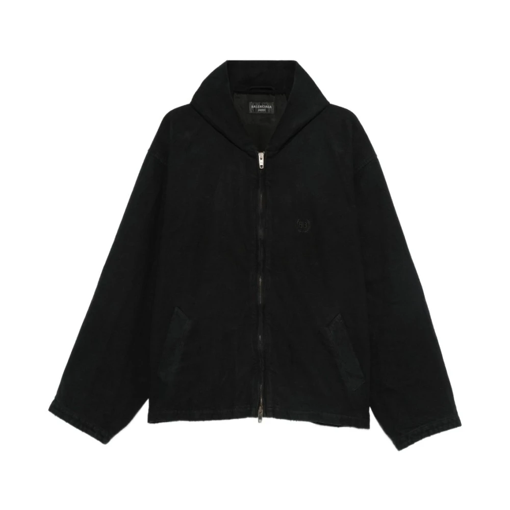 Balenciaga Men's Black Light Jackets, S, Hooded Zip Jacket Logo Detail