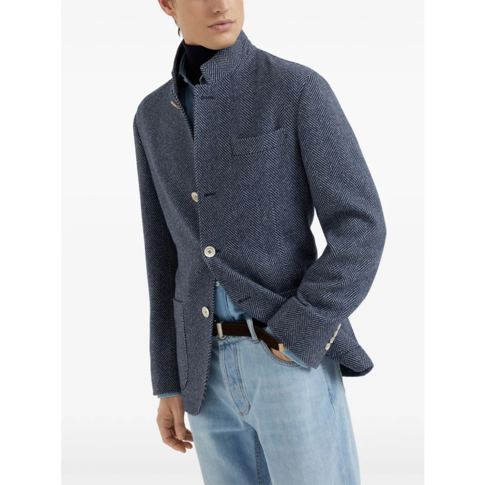 BRUNELLO CUCINELLI Navy Cashmere Wool Jackets Herringbone Blue Heren