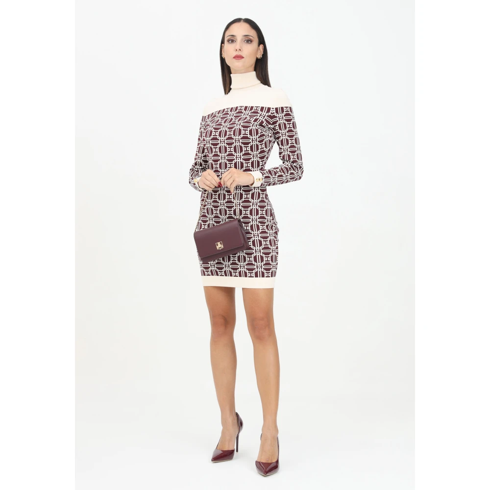 Elisabetta Franchi Bordeaux Jacquard Logo Print Jurk Brown Dames