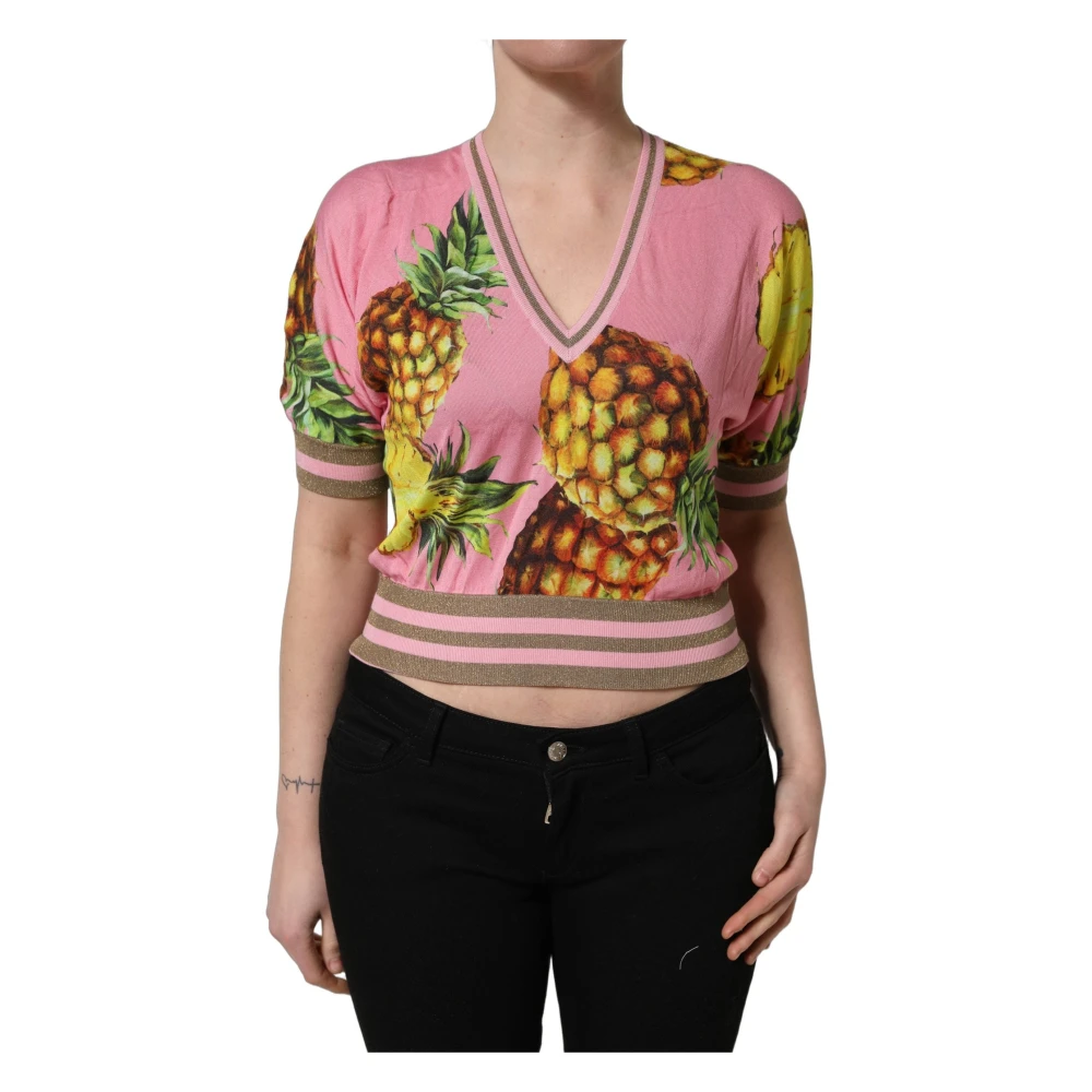 Dolce & Gabbana Pink V-Neck Knitwear, Female, 2XS, Pineapple V-Neck Short Sleeve Cropped Top