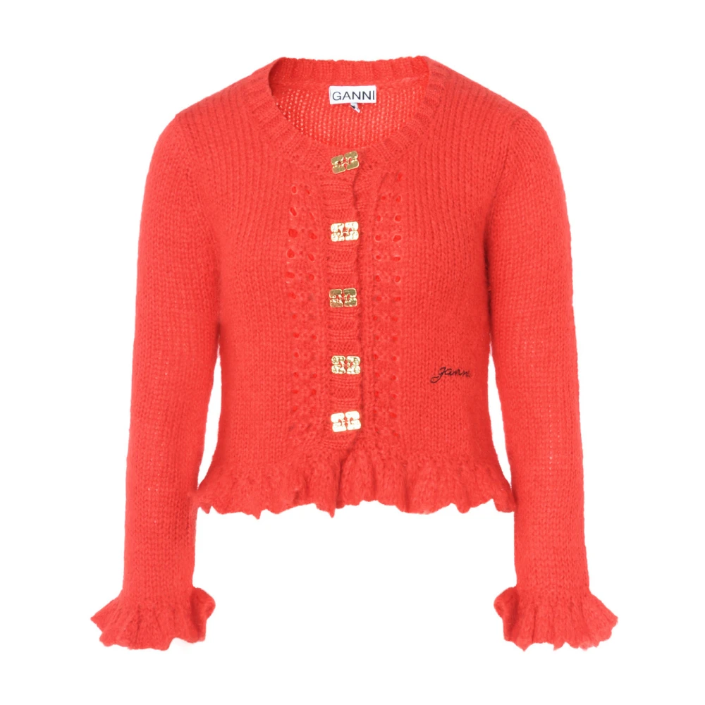 Ganni Rode Mohair Cardigan met Ruches Red Dames