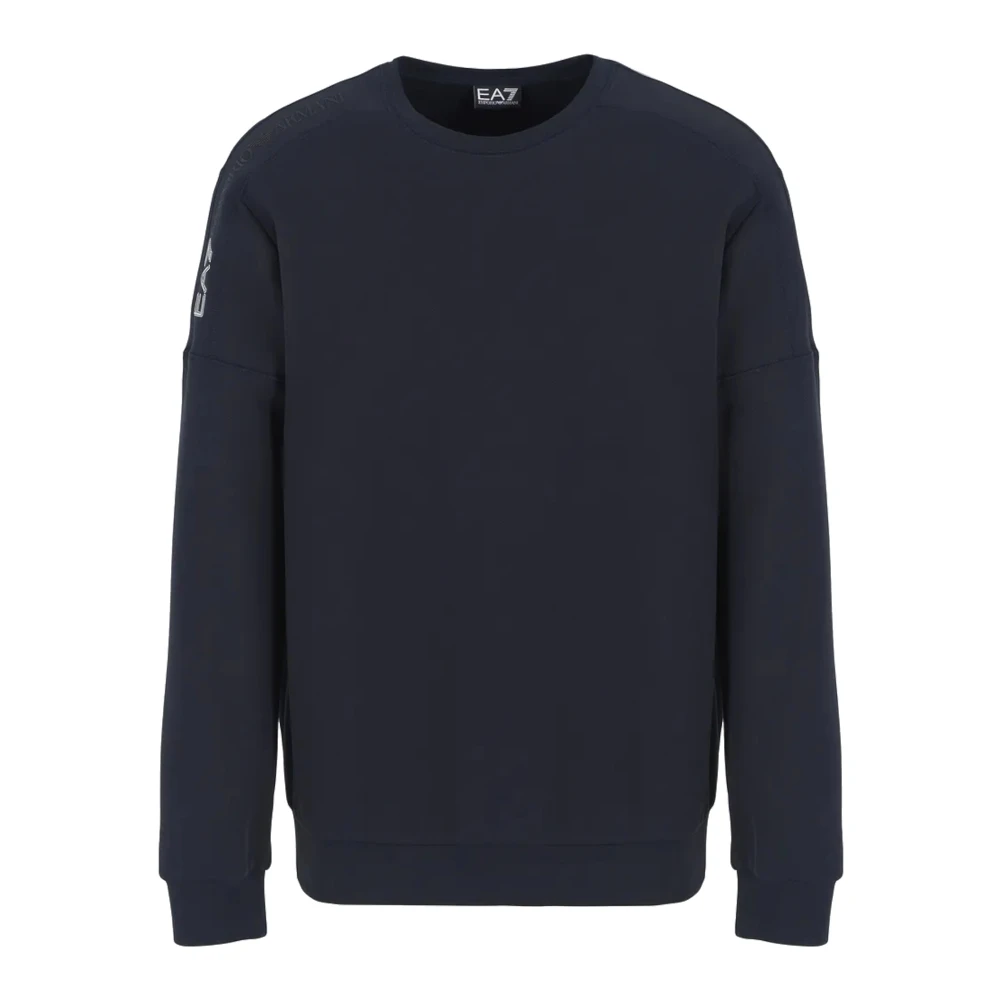 Emporio Armani EA7 Blauwe Katoenen Sweater met Ronde Hals en Logo Detail Blue Heren