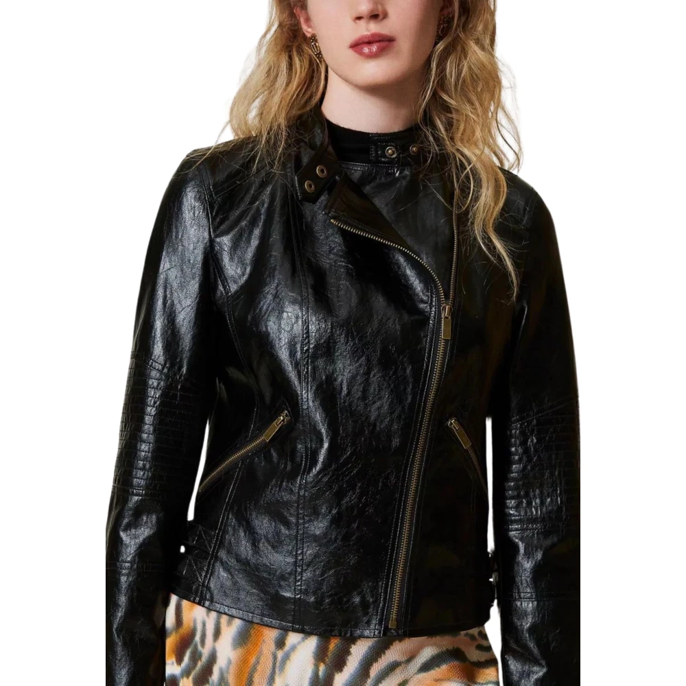 Twinset Zwarte Leren Bikerjas Black Dames