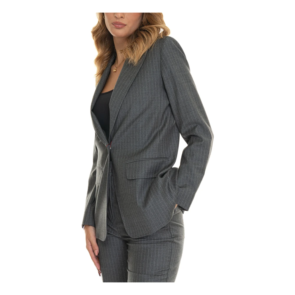 Max Mara Studio Gestreepte Lange Jas met 1 Knoop Gray Dames