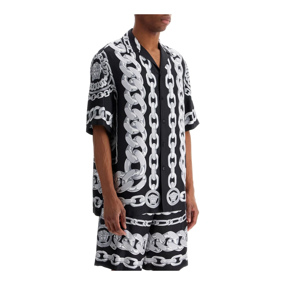 Versace Medusa Chains Zijden Bowling Shirt Black Heren