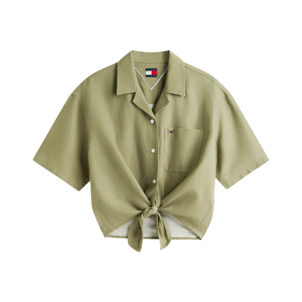 Tommy Jeans Women's Green Shirts, M, Short-Sleeved Linen-Blend Shirt