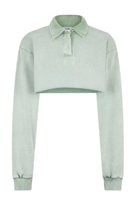 Croppad pikétröja med tvätteffekt