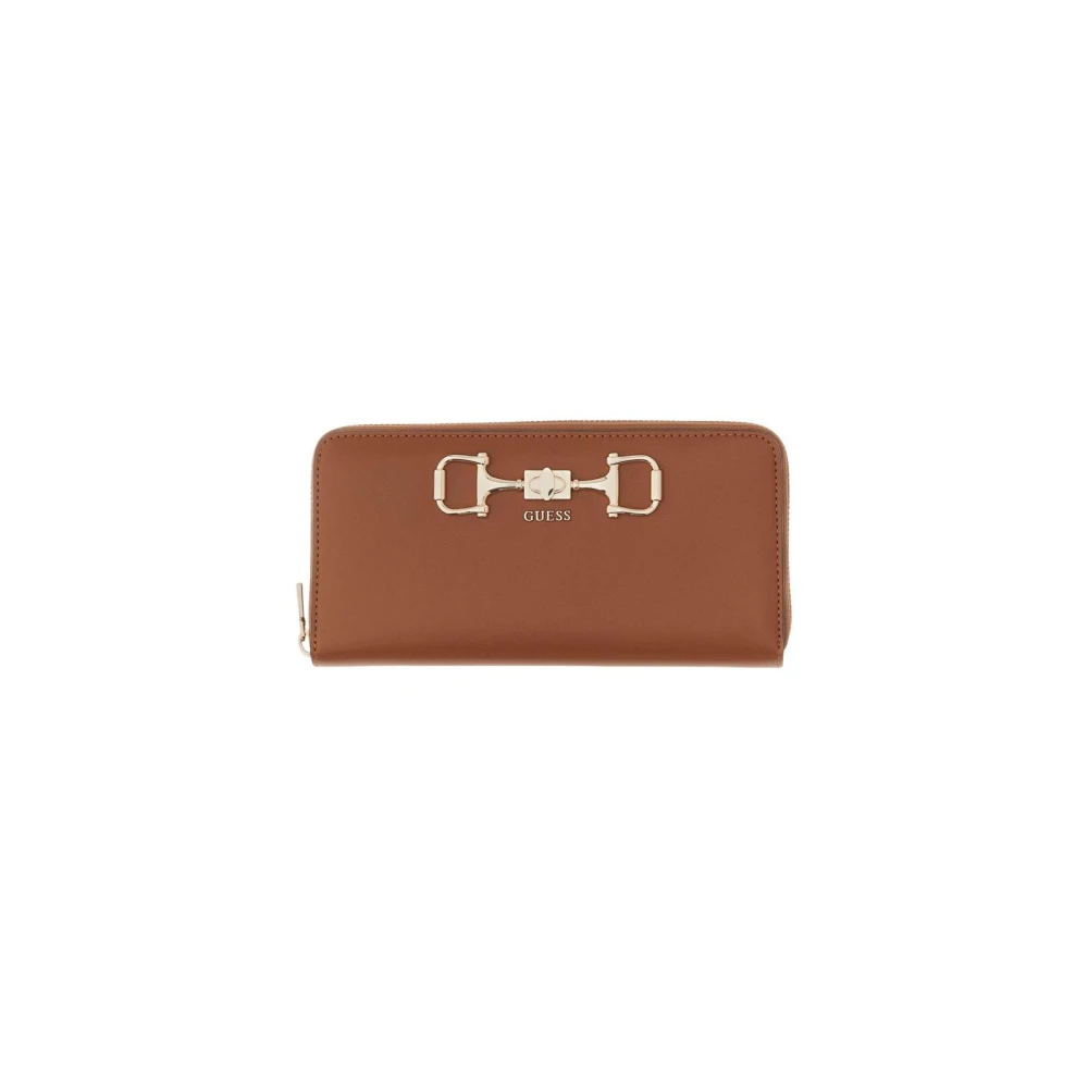 Guess Women's Brown Zip-Around Wallet With Multiple Pockets And Inside Compartments