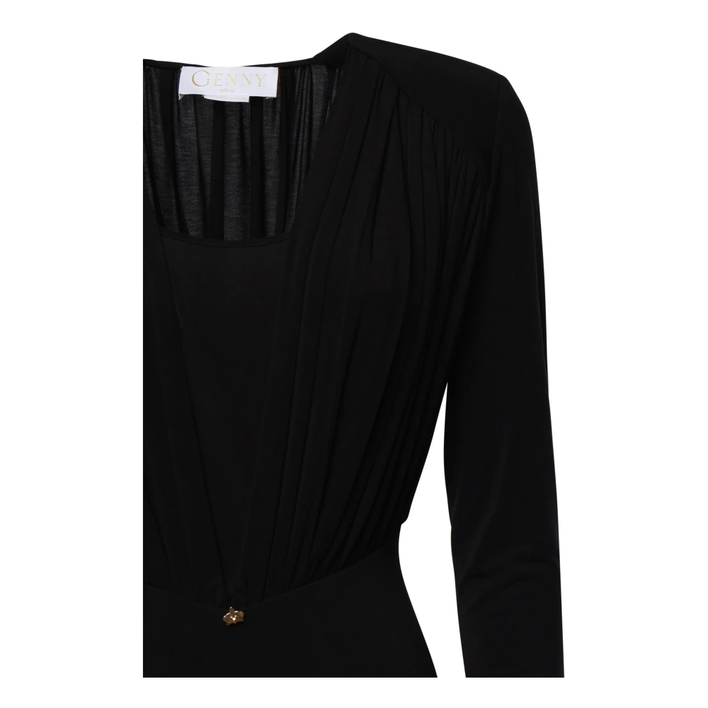 Genny Zwarte V-hals jurk met lange mouwen Black Dames