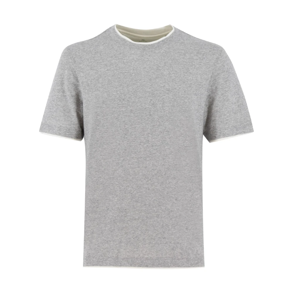 Brunello Cucinelli Men's Gray T-Shirts, S, Crew-Neck T-Shirt With Faux Layering