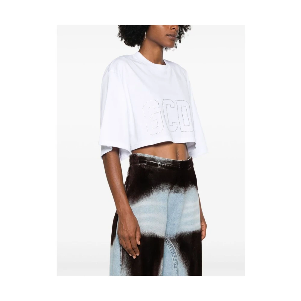 Gcds Wit Logo Rhinestone Crew Neck T-shirt White Dames