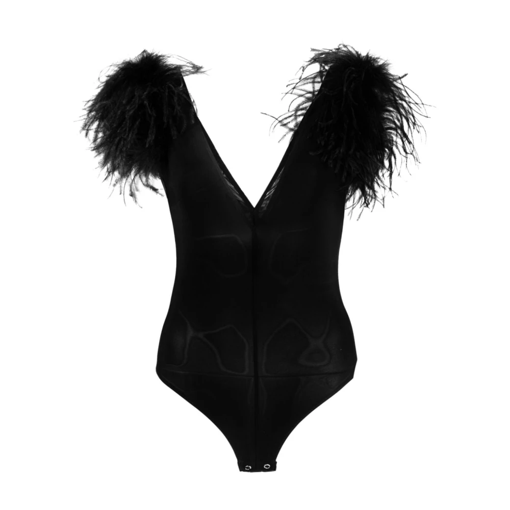 Pinko Zwart bodysuit met veren en diepe V-hals Black Dames