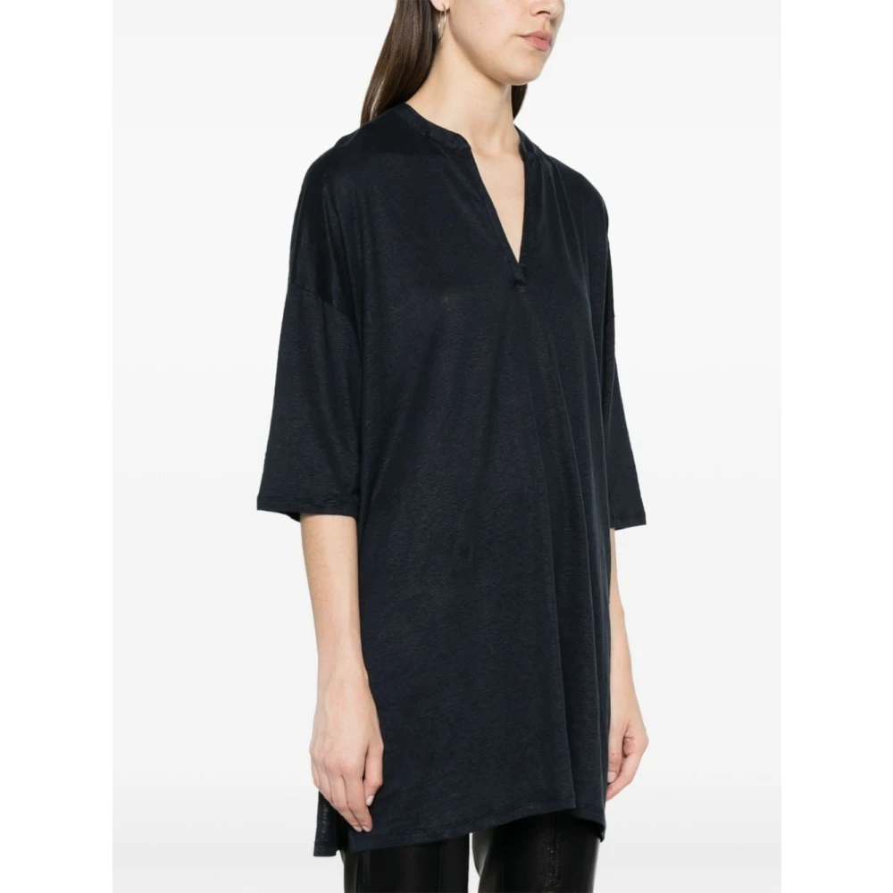 majestic filatures Blauwe Linnenmix V-Hals Jurk Blue Dames