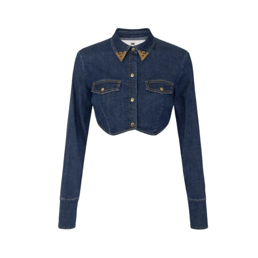 Elisabetta Franchi Blå Denim Cropped Skjorta med Juvel Detaljer Blue, Dam