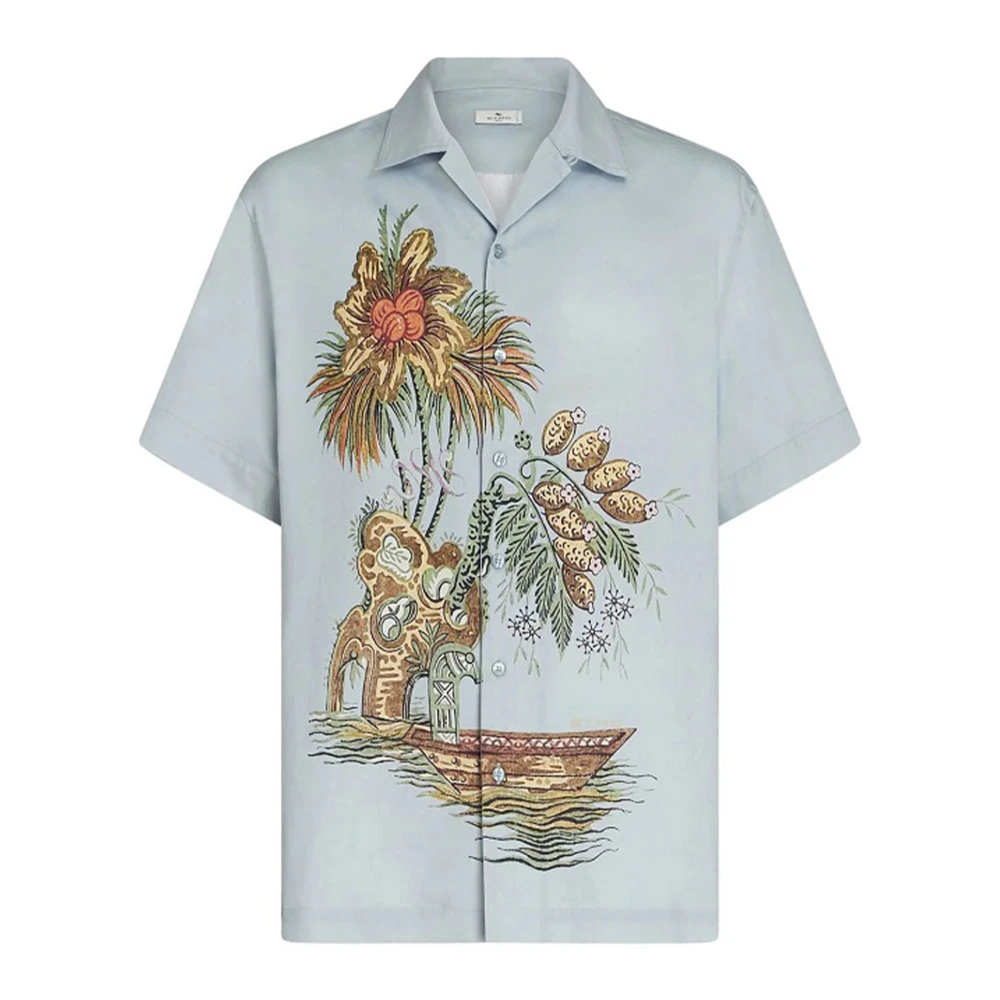 ETRO Blauw Katoenen Korte Mouw Overhemd Blue Heren