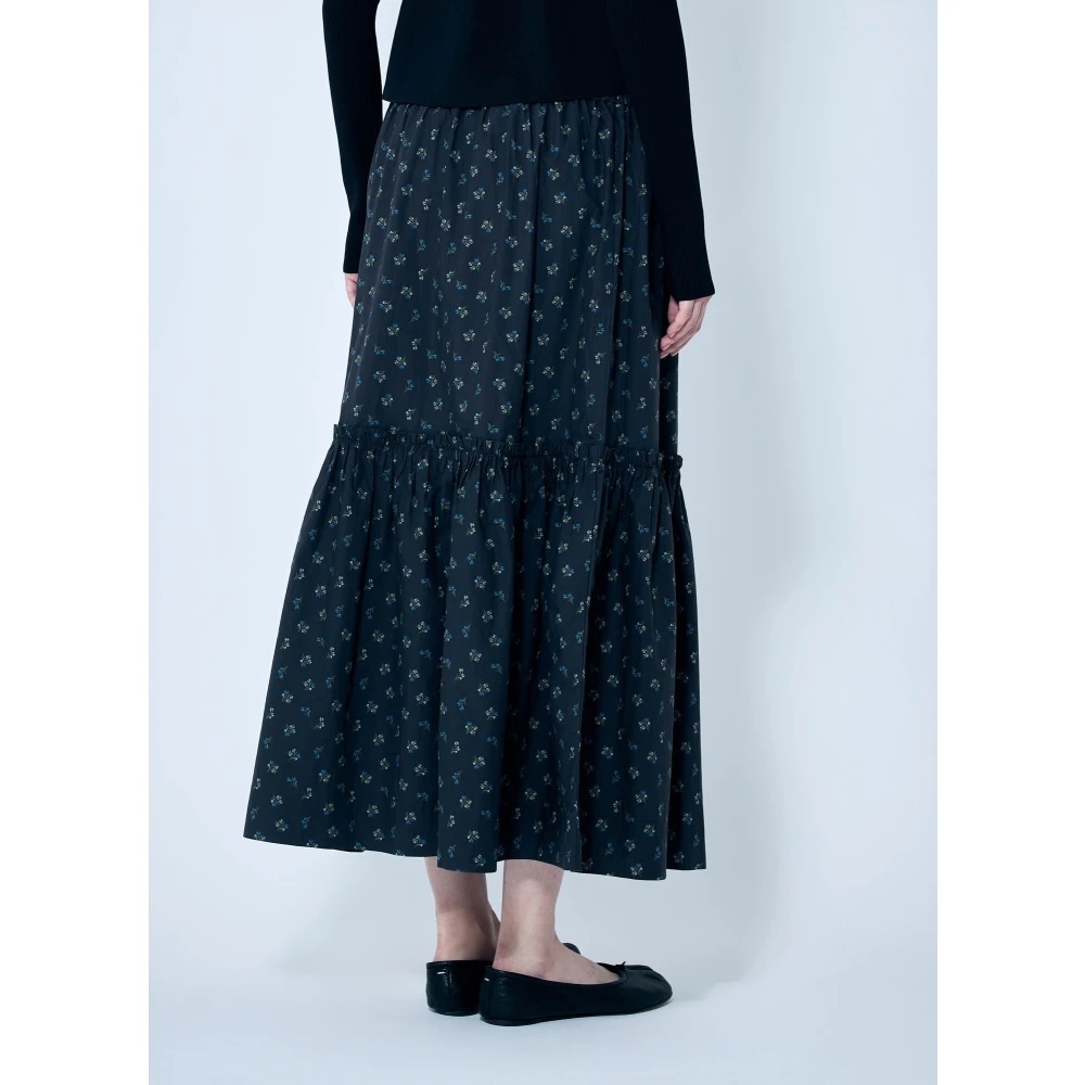 Ganni Bloemen Maxi Rok Gerimpelde Taille Black Dames