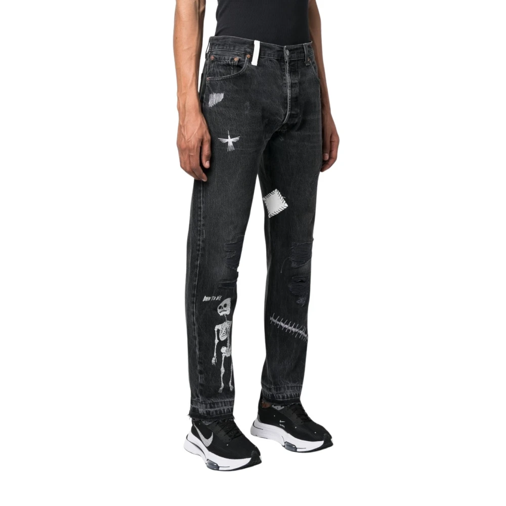 Gallery Dept. Zwarte Denim Jeans met Grafische Details en Versleten Patches Black Heren