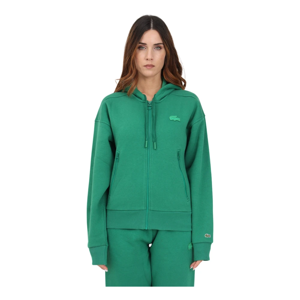 Lacoste Groene sweater met capuchon en geborduurd logo Green Dames