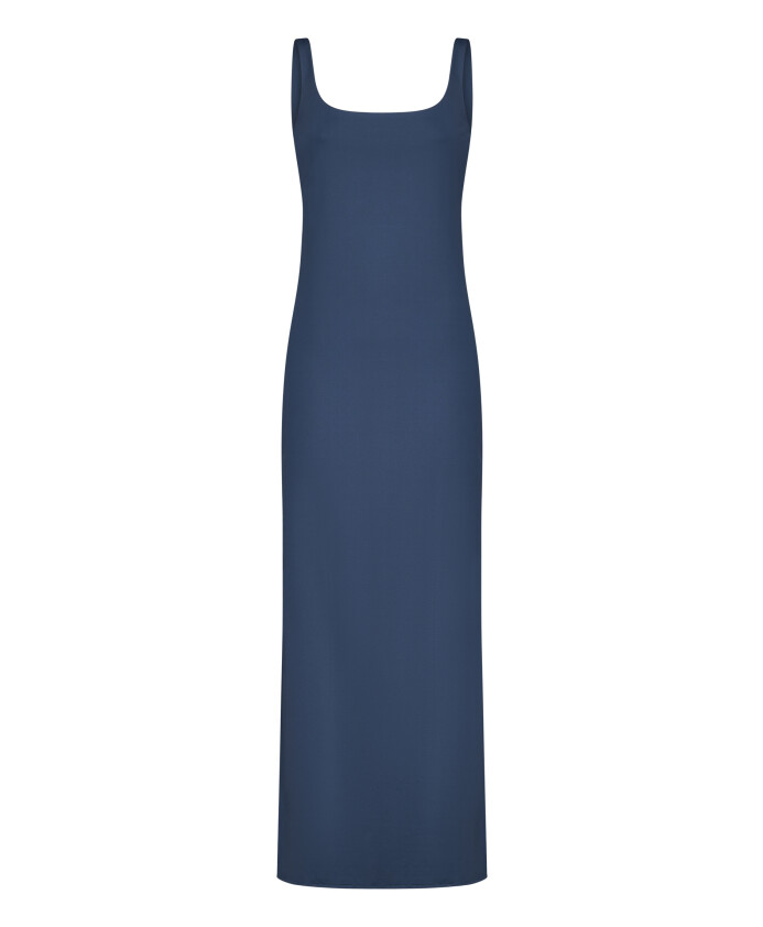 blue-microfiber-dress-with-side-slit