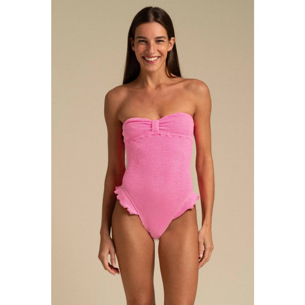 Reina Olga Ruffled Brazilian-cut Strapless Swimsuit Pink Dames