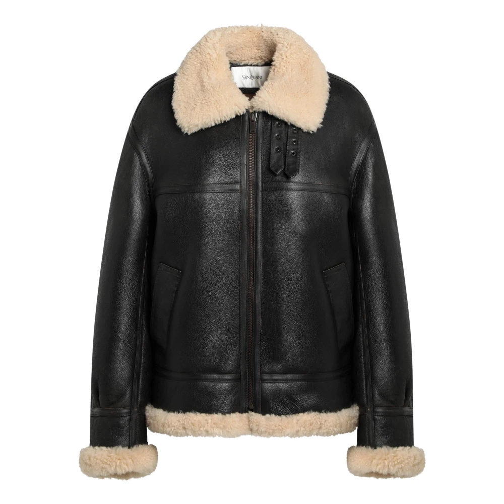 Saint Laurent Shearling Leren Jas Black Dames